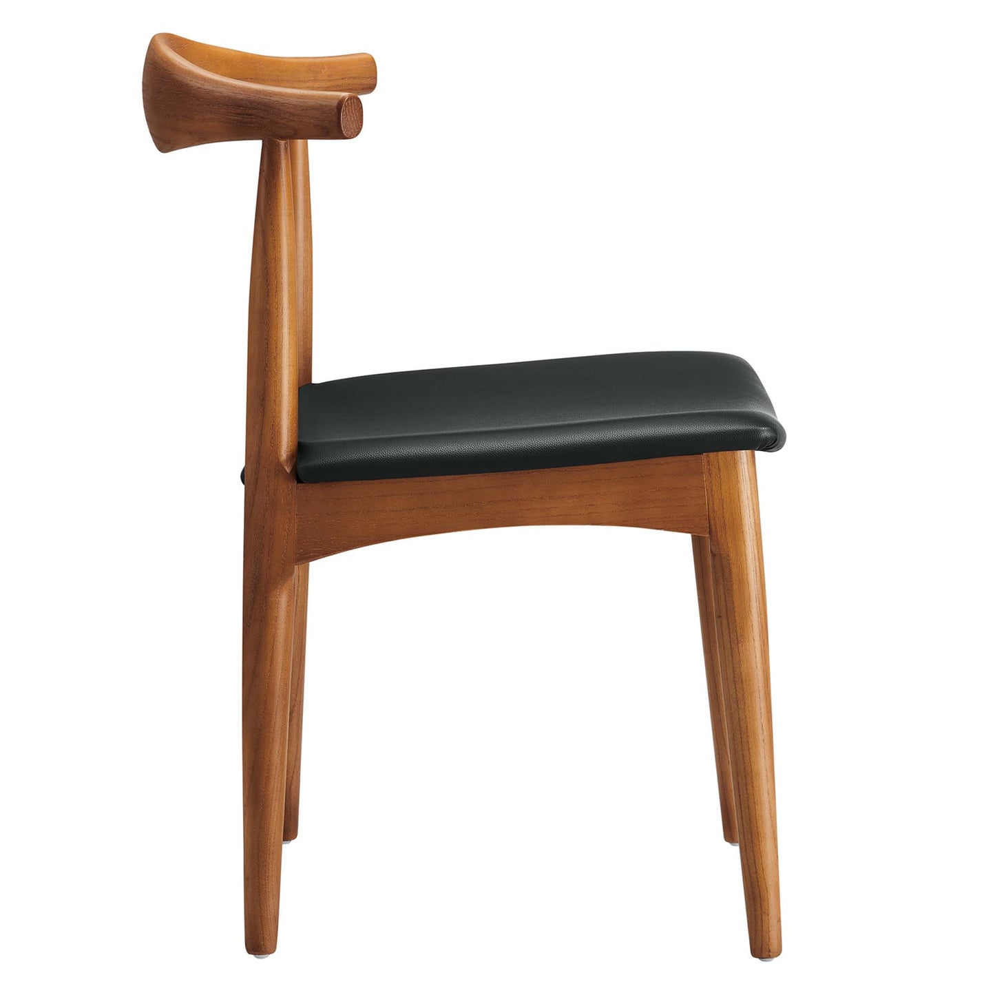 Mid-century modern wooden chair with black upholstered seat, curved backrest and tapered legs.