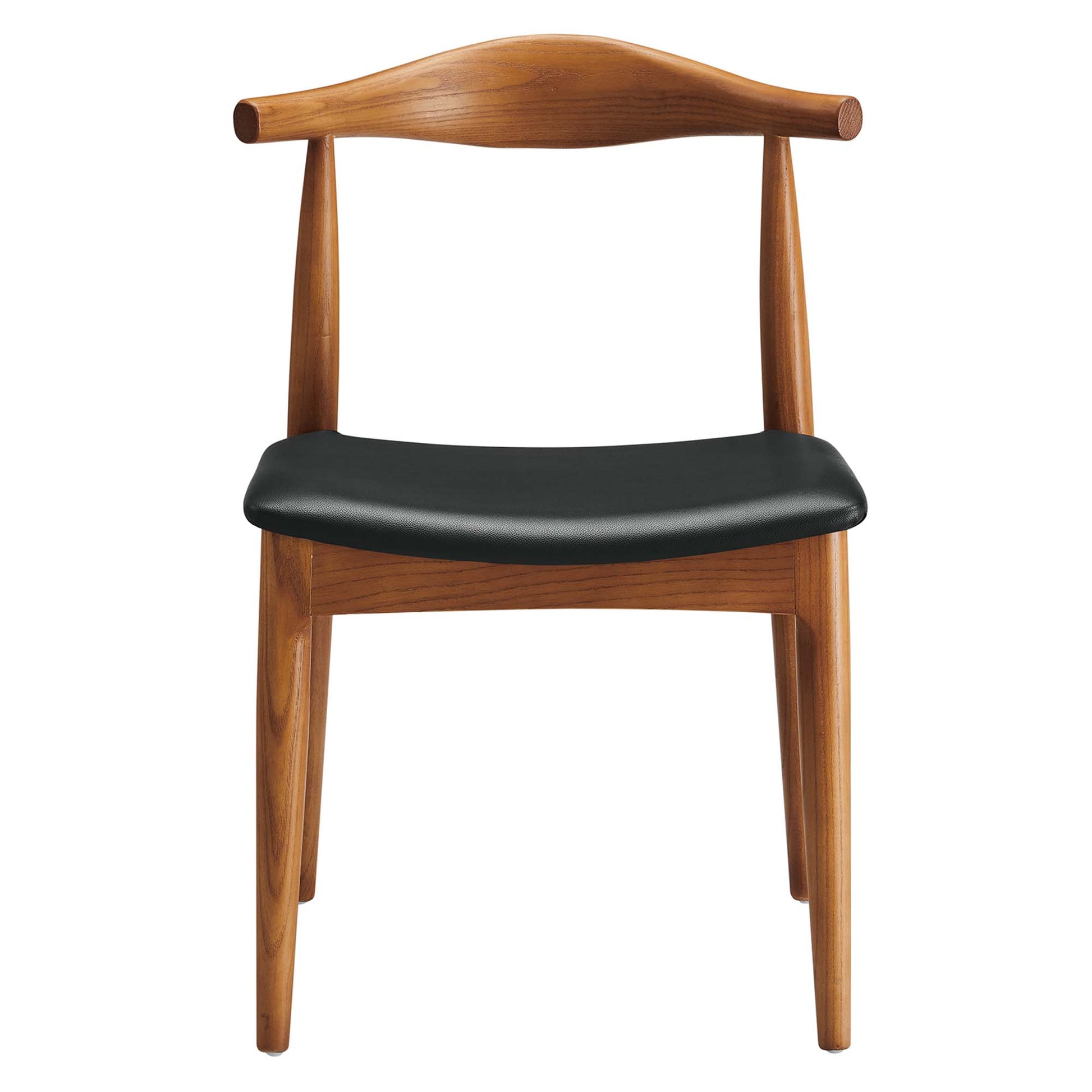 Mid-century wooden chair with curved backrest, tapered legs, and black padded seat.