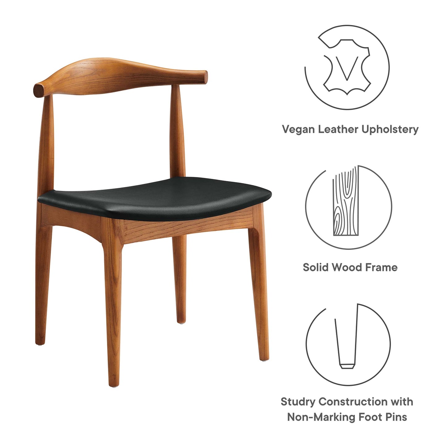 Solid wood chair with curved back and black vegan leather upholstery; mid-century modern style, non-marking feet.