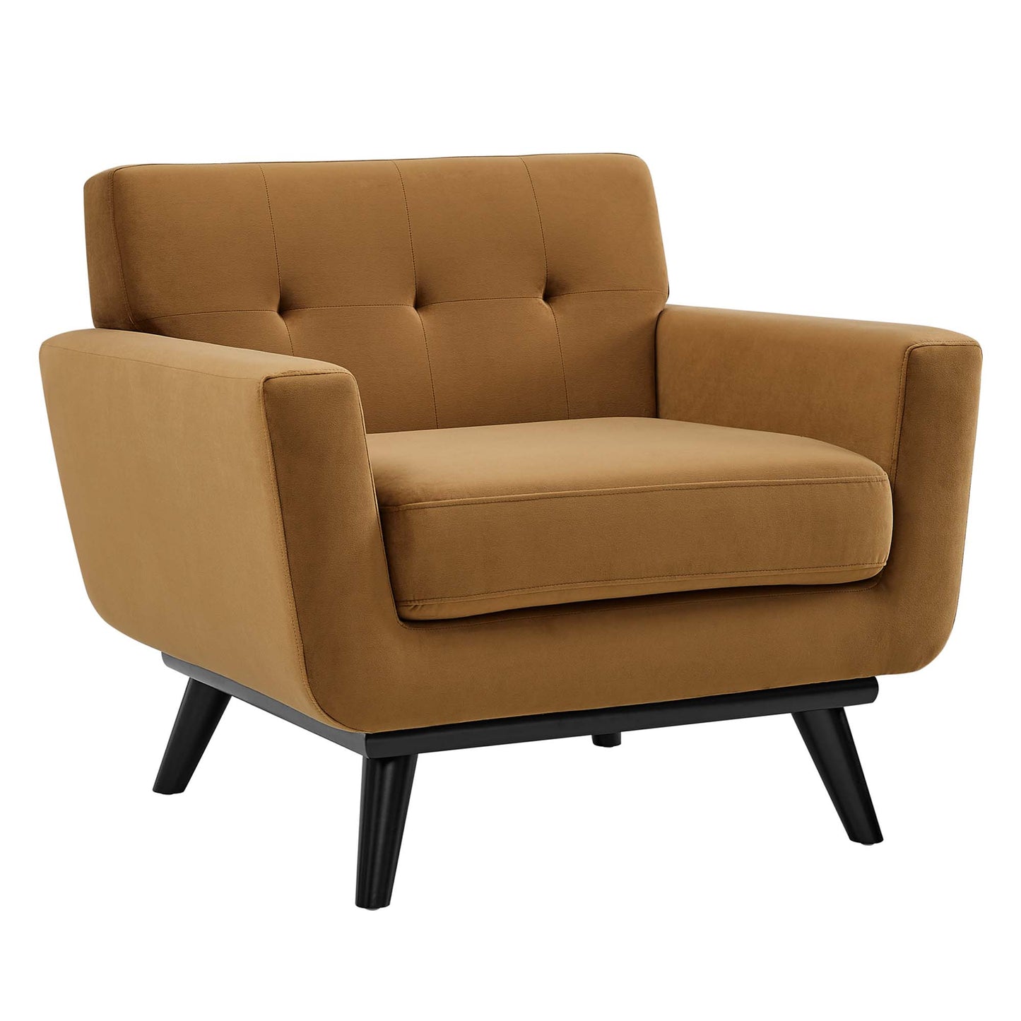 Caramel brown fabric armchair, mid-century modern, tufted back, wide arms, thick seat cushion, black angled legs.
