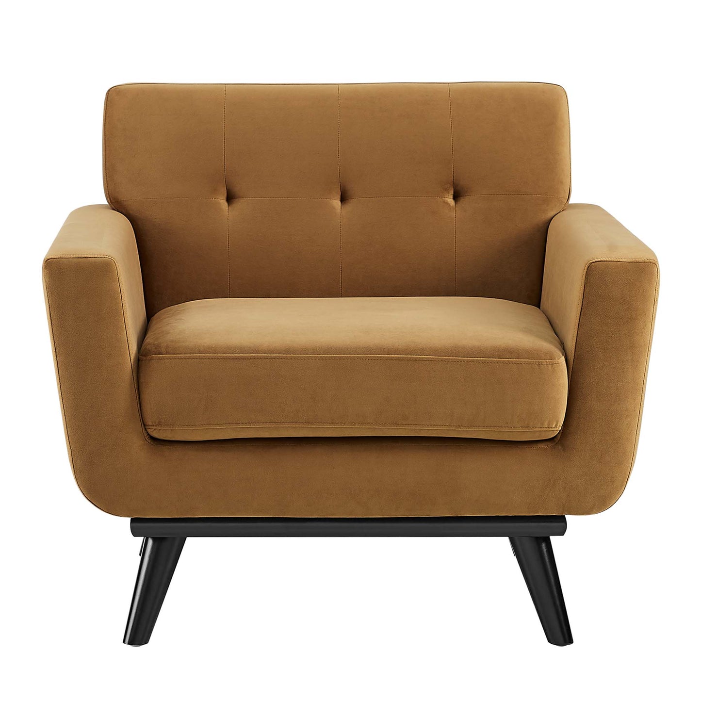 Tan performance velvet-upholstered armchair with tufted back and cushioned seat on black angled legs.