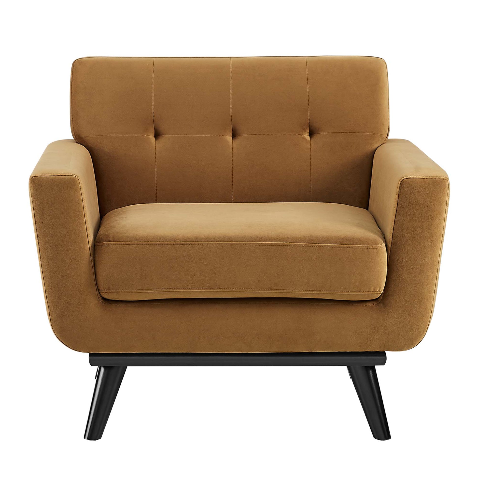 Tan performance velvet-upholstered armchair with tufted back and cushioned seat on black angled legs.