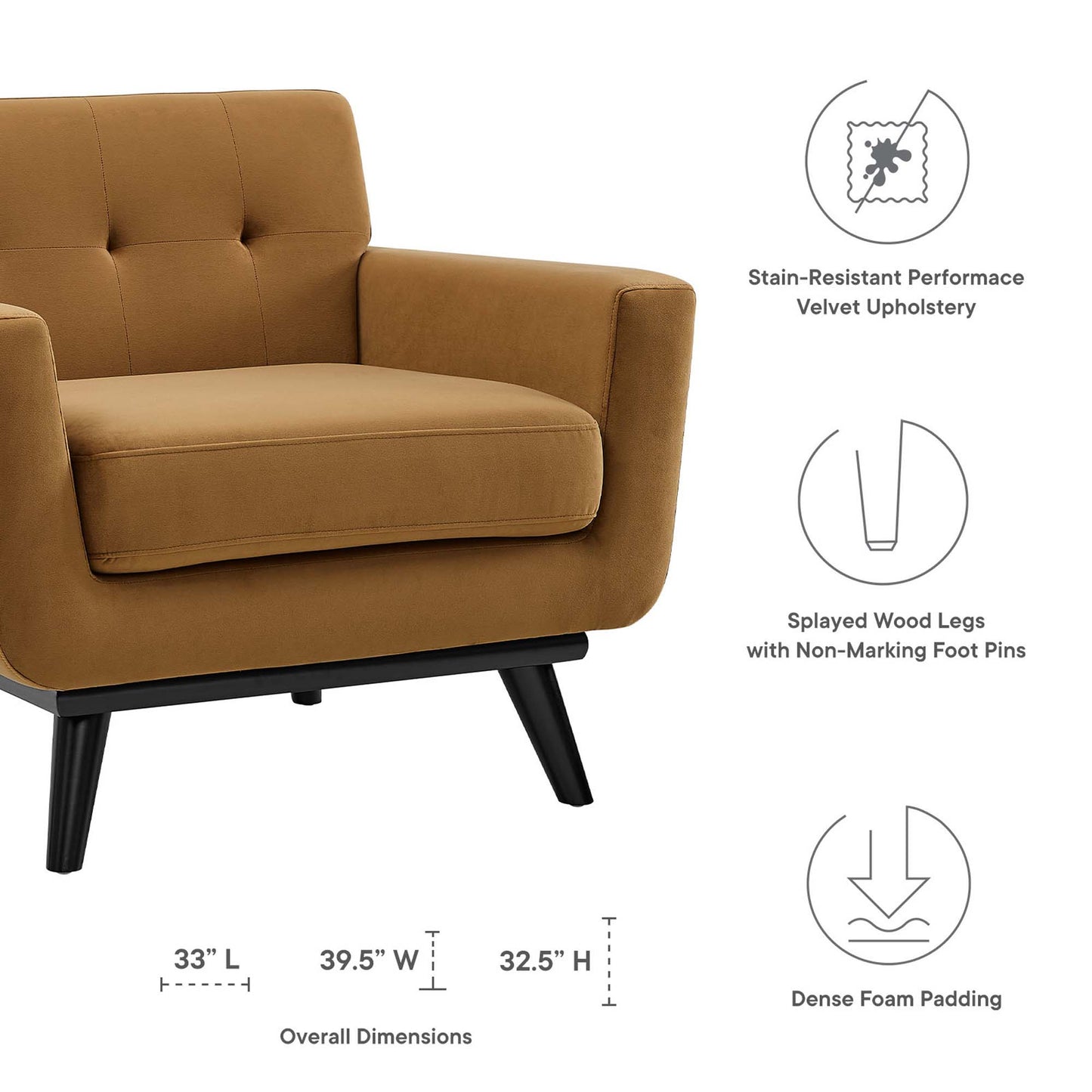 Cognac velvet mid-century armchair with tufted back & armrests, dense foam cushions, black splayed wood legs.