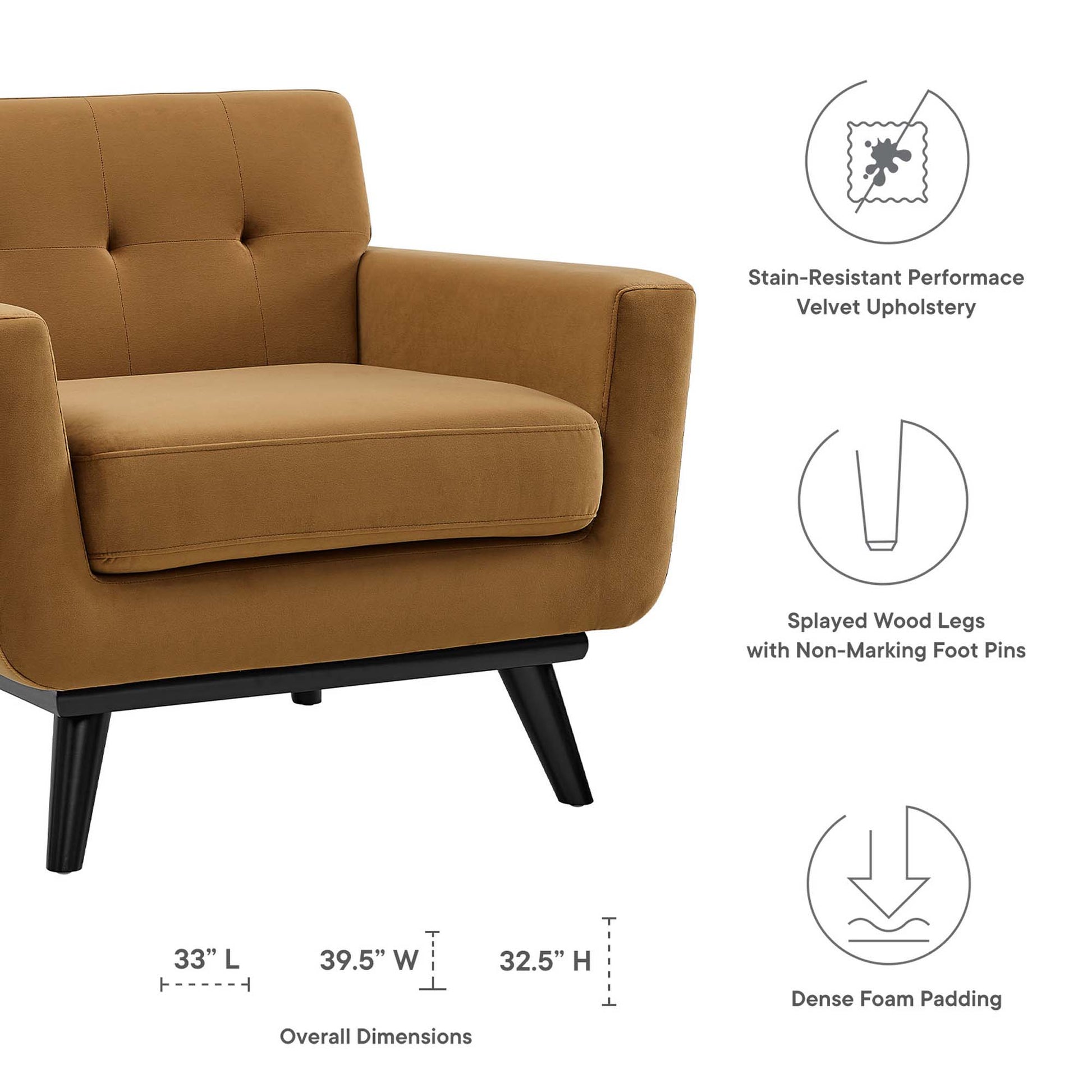 Cognac velvet mid-century armchair with tufted back & armrests, dense foam cushions, black splayed wood legs.