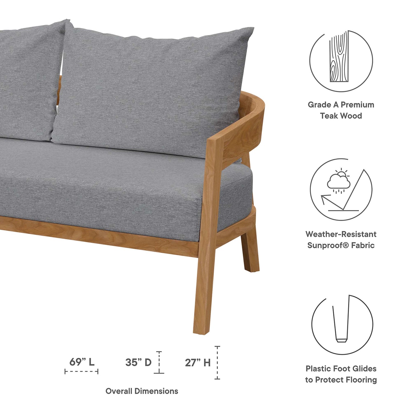 Modway - Brisbane Teak Wood Outdoor Patio Loveseat by Modway  Outdoor Furniture Sofa Sectionals Gray - EEI-5601-NAT-GRY