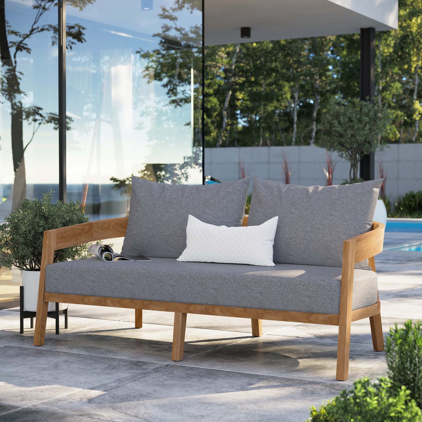 Modway - Brisbane Teak Wood Outdoor Patio Loveseat by Modway  Outdoor Furniture Sofa Sectionals Gray - EEI-5601-NAT-GRY