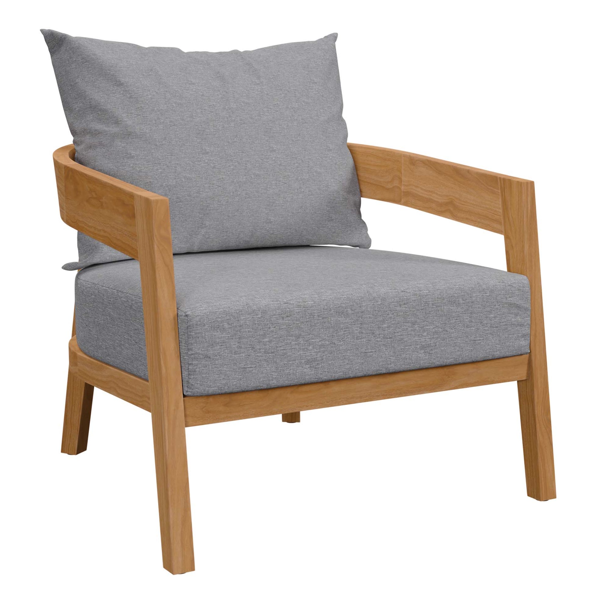 Natural wood-framed armchair with gray fabric cushions and matching back pillow.