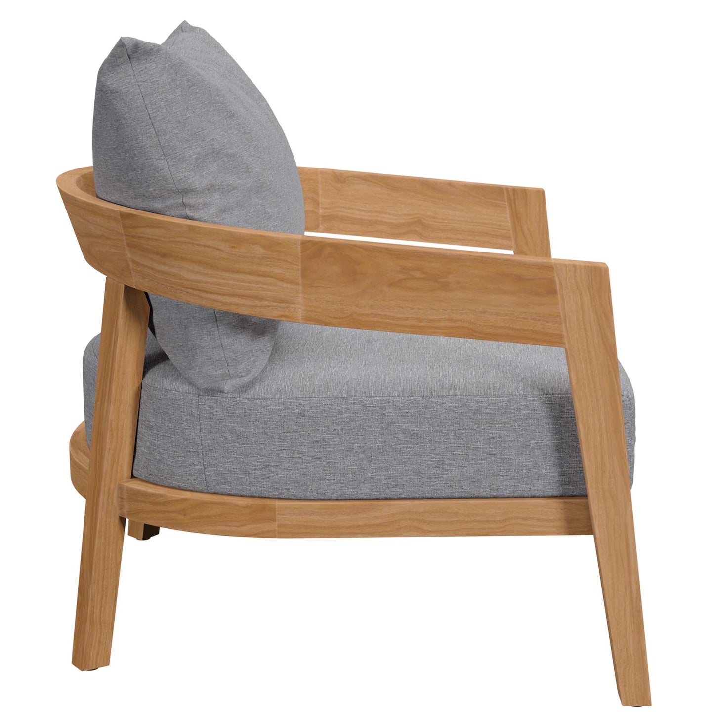 Natural wood-framed lounge chair with light gray cushions and back pillow; mid-century modern.