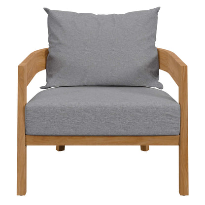 Natural wood armchair with grey cushions; modern design, square arms, cozy lounge seating.