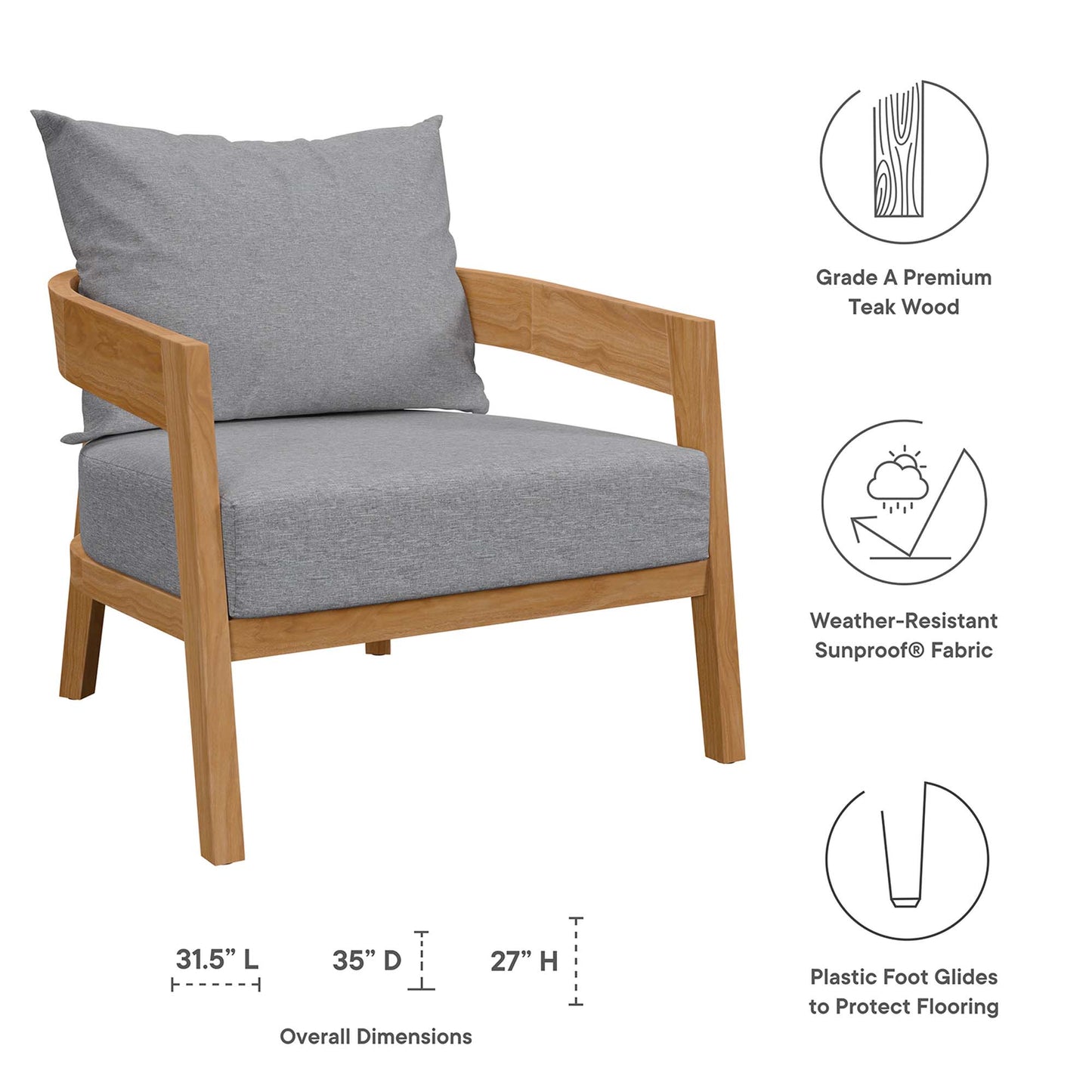 Natural teak wood outdoor armchair with gray cushions; mid-century modern outdoor seating, weather-resistant fabric, 31.5L x 35D x 27H.
