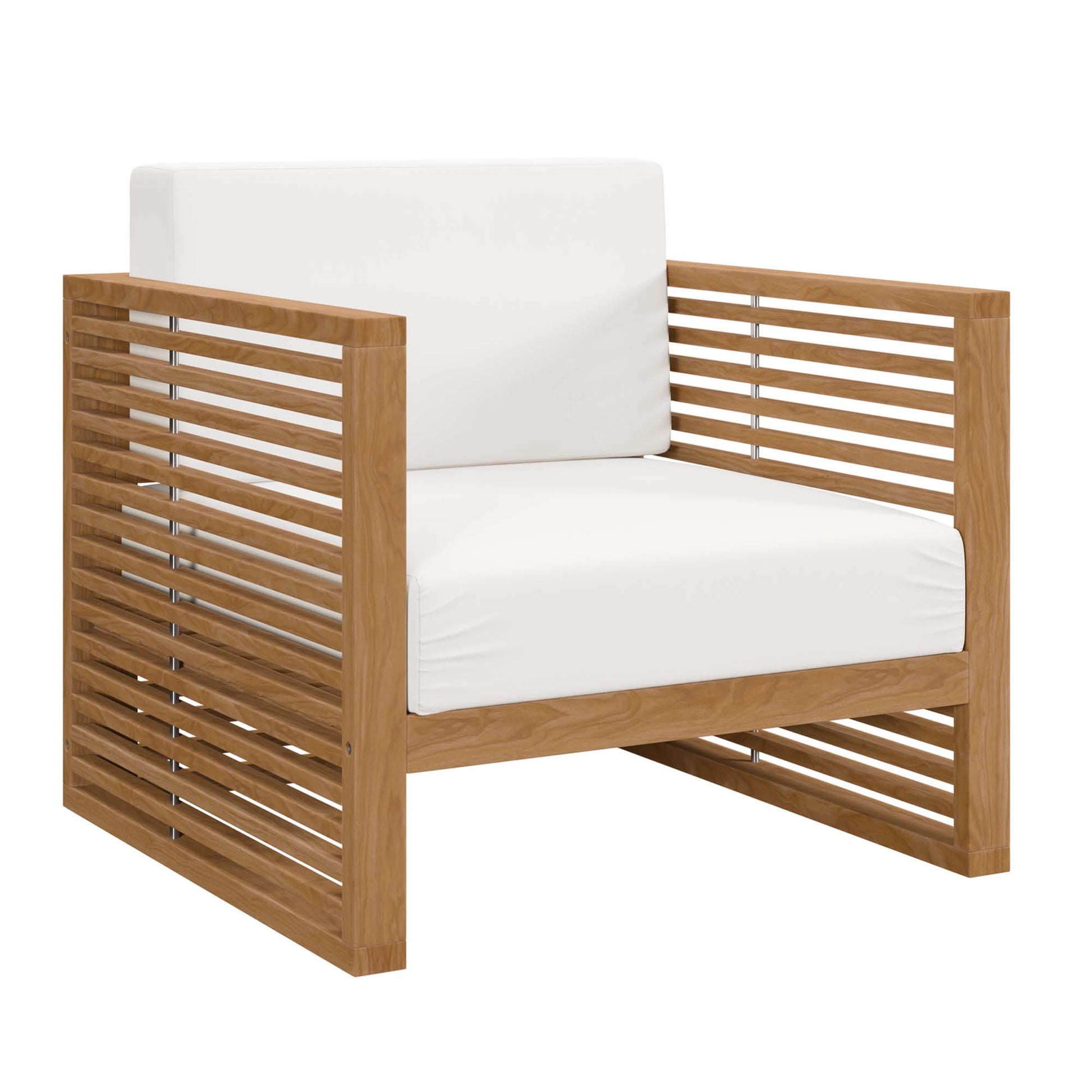 Teak wood outdoor armchair with white cushions & slatted sides.