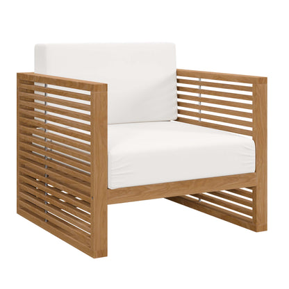Teak wood outdoor armchair with white cushions & slatted sides.