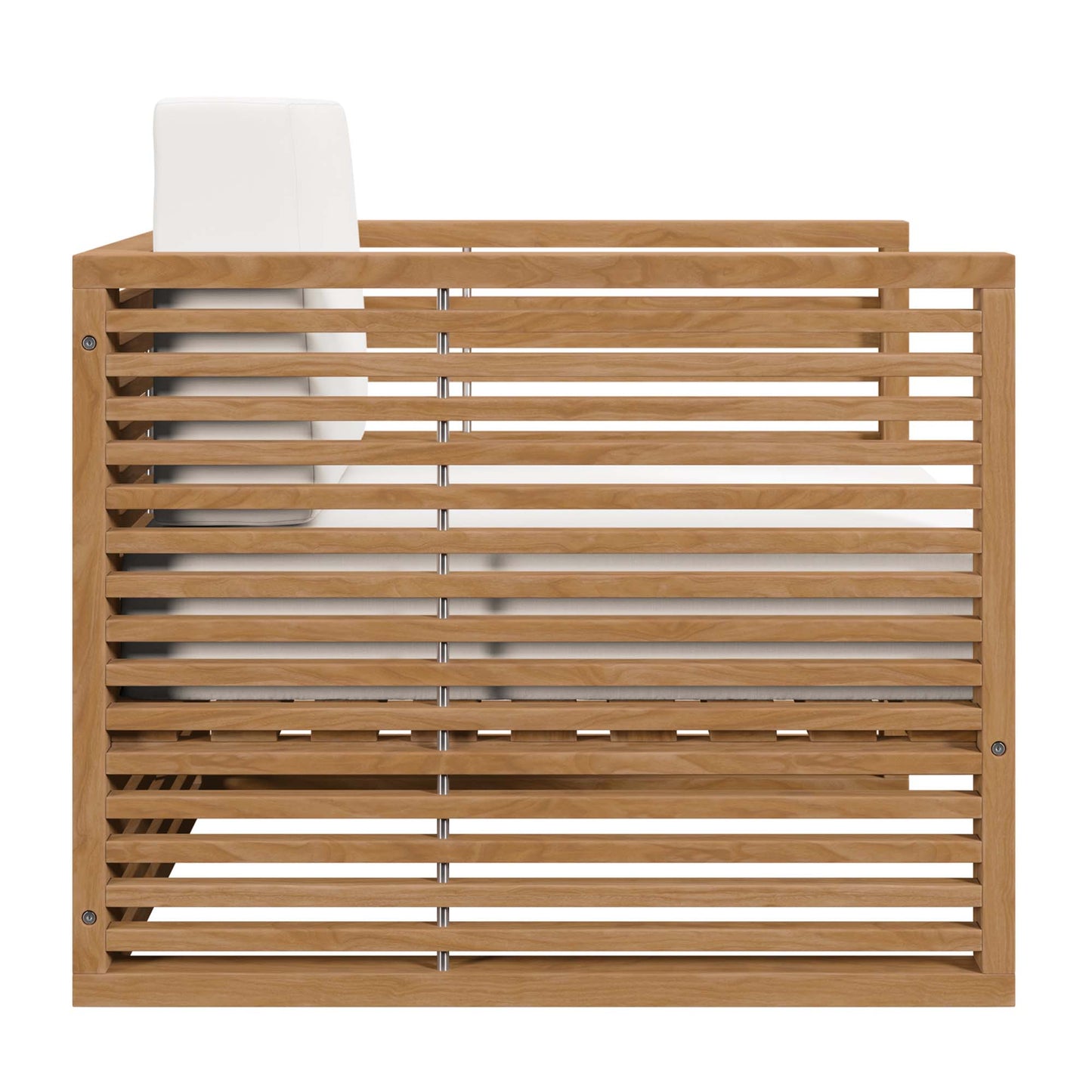 Teak wood outdoor patio armchair with white cushion, horizontal slats, and a boxy frame.