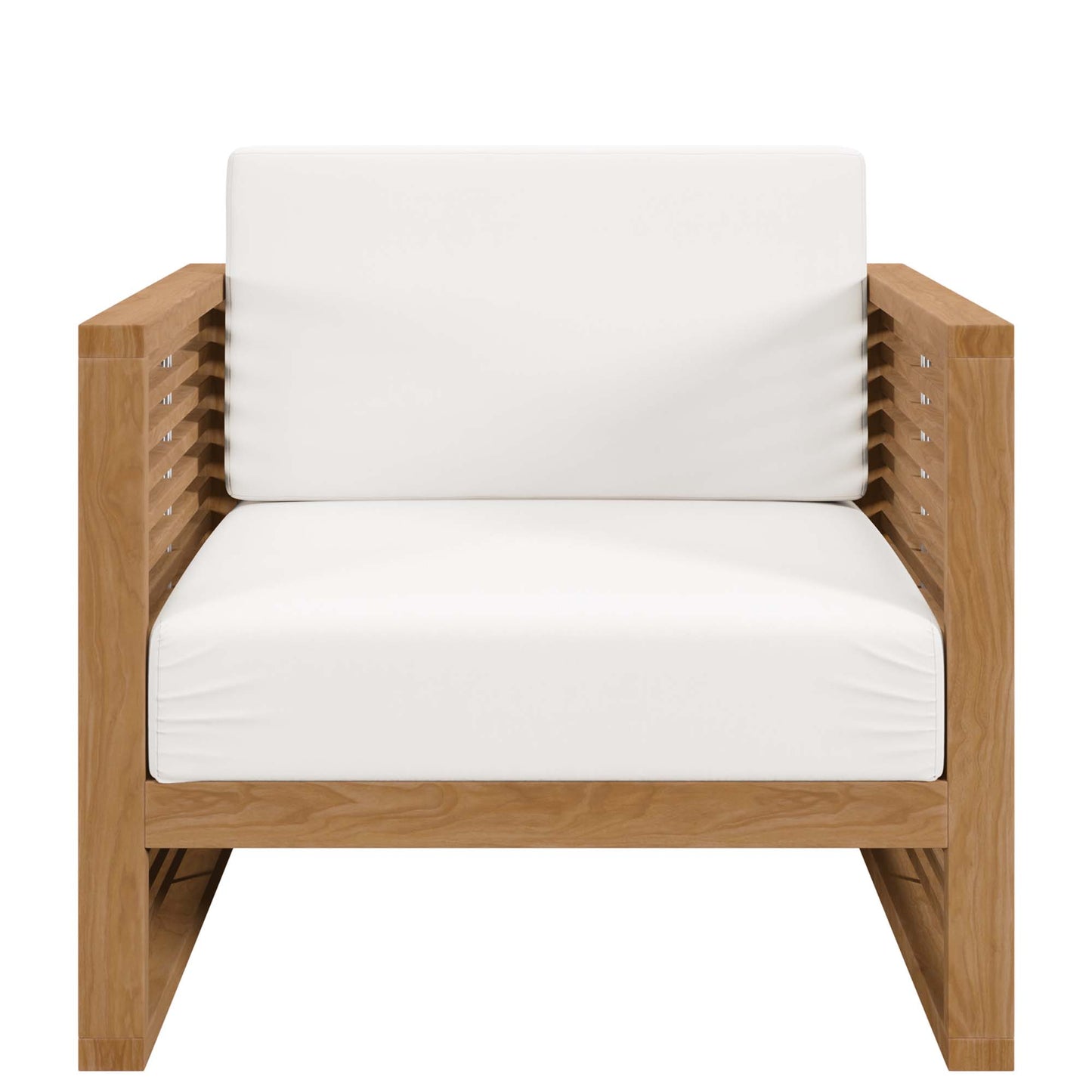 Natural wood lounge chair with white cushions and slatted sides.