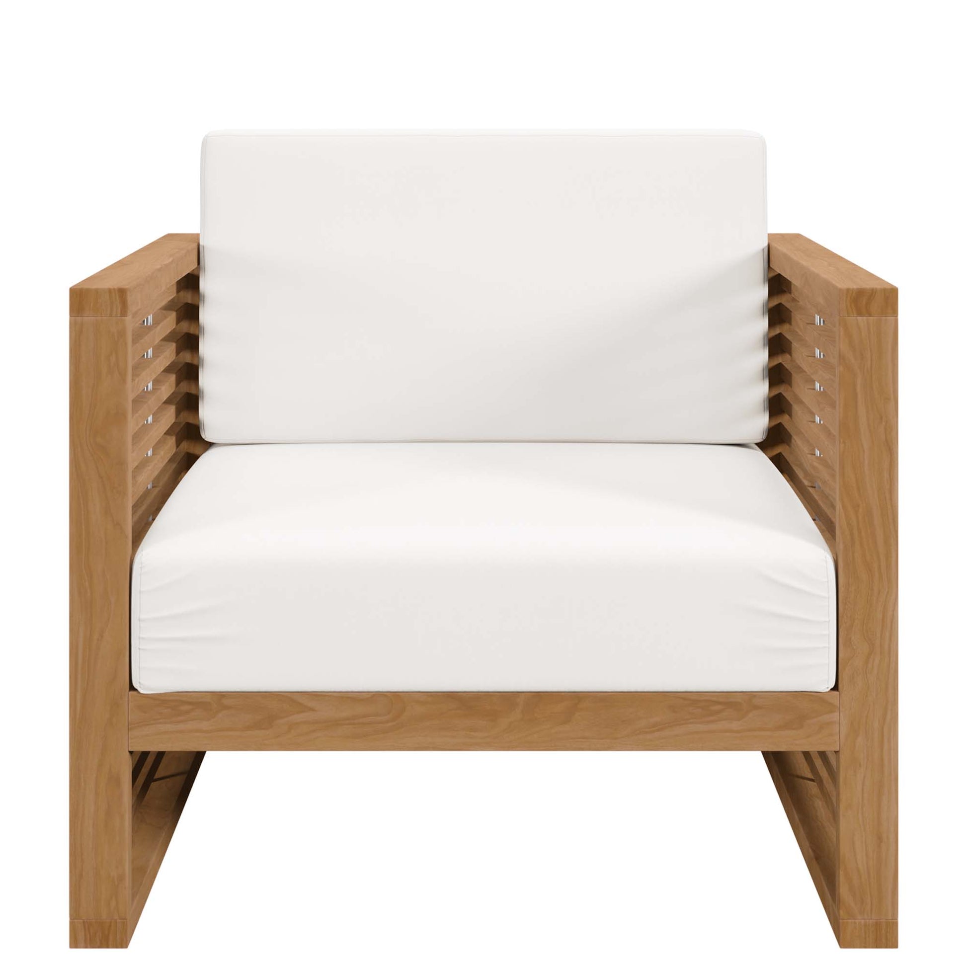 Natural wood lounge chair with white cushions and slatted sides.