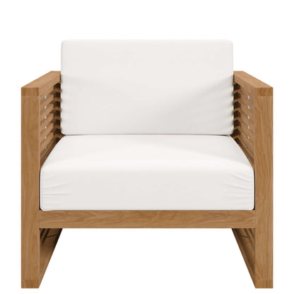 Natural wood lounge chair with white cushions and slatted sides.