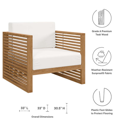 Grade A premium teak outdoor armchair with slatted sides and white weather-resistant cushions; plastic foot glides.