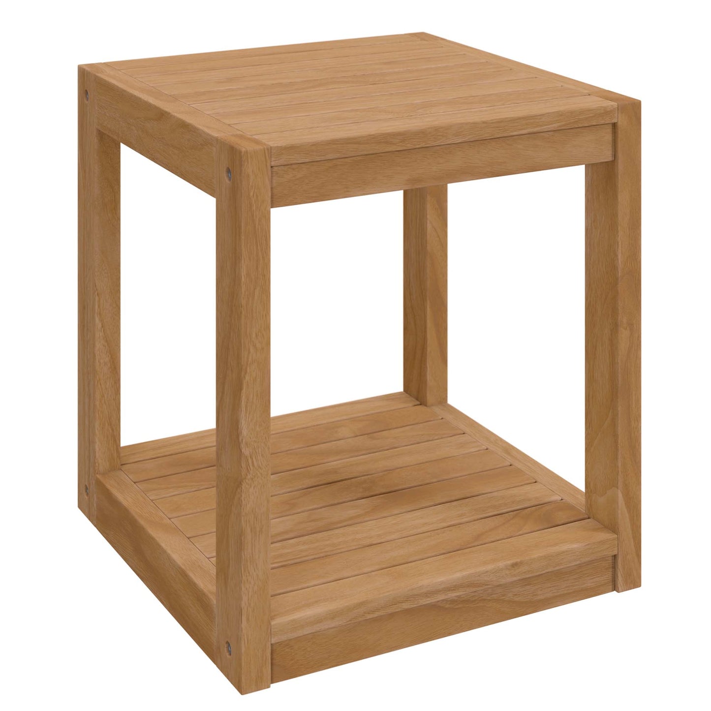 Natural teak wood outdoor patio side table, square top, open frame with four legs and a slatted lower shelf.