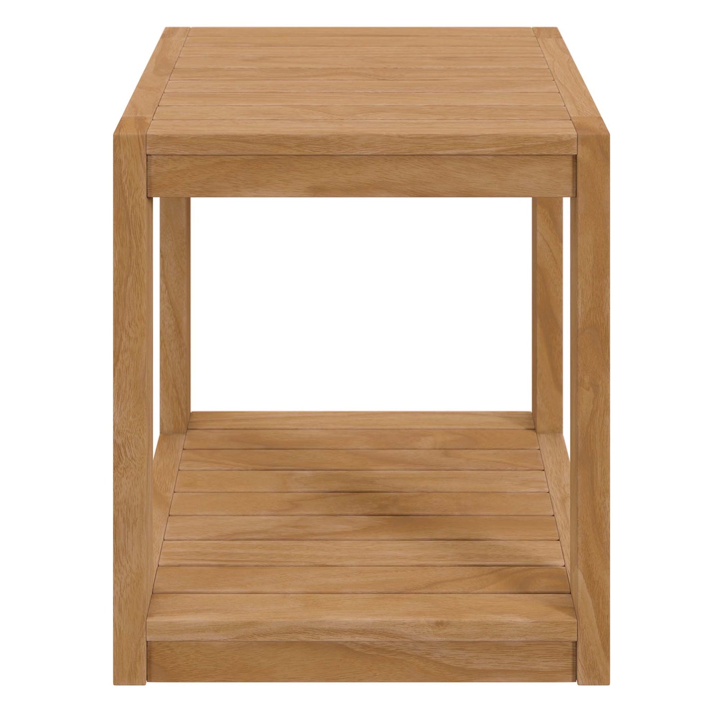 Outdoor teak wood side table with two slatted tiers, square legs, compact modern rustic style.