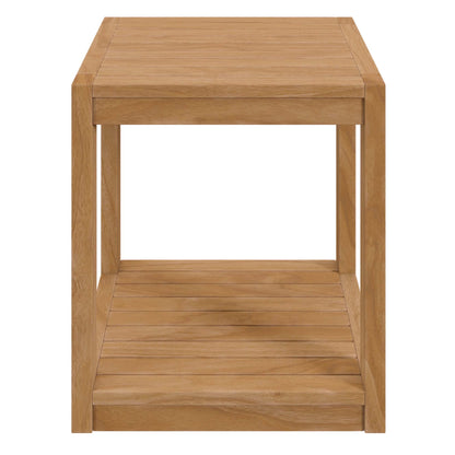 Outdoor teak wood side table with two slatted tiers, square legs, compact modern rustic style.