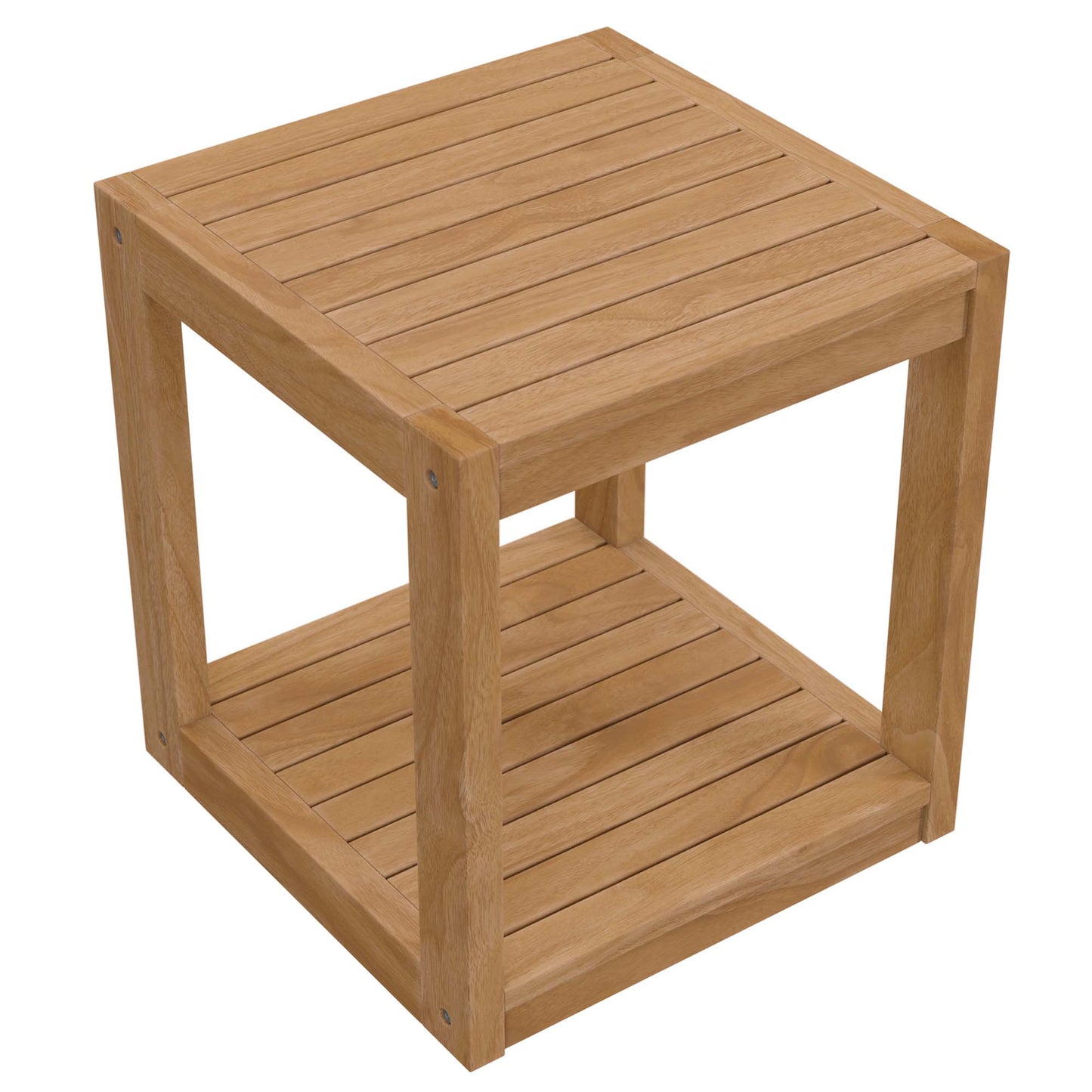 Natural wood cube side table with slatted top and bottom shelf, sturdy minimalist design.