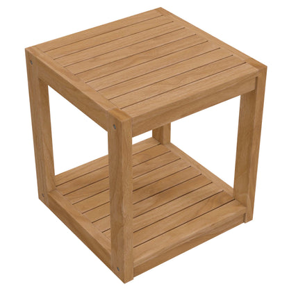 Natural wood cube side table with slatted top and bottom shelf, sturdy minimalist design.