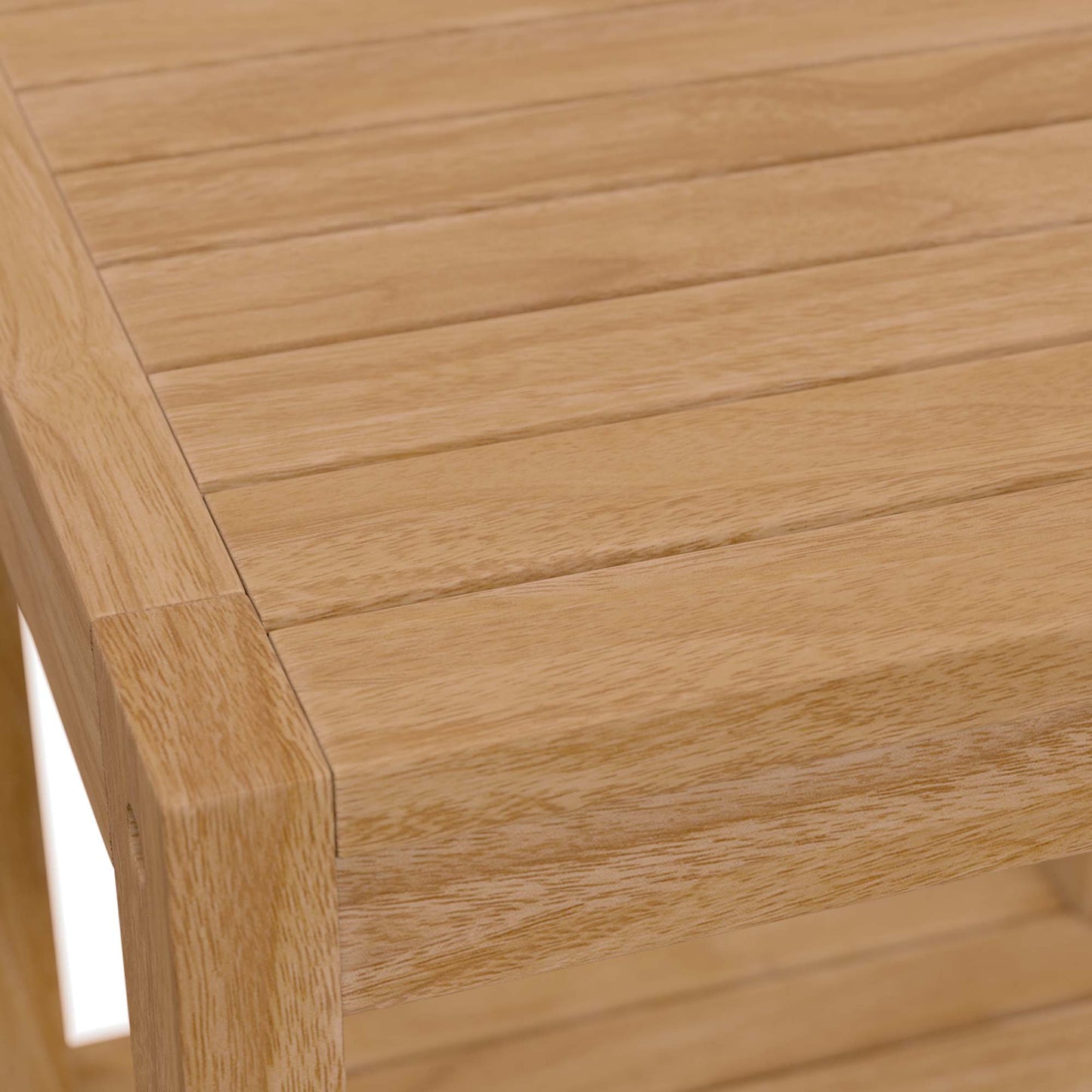 Teak wood outdoor patio side table with a slatted plank top and rounded edge.