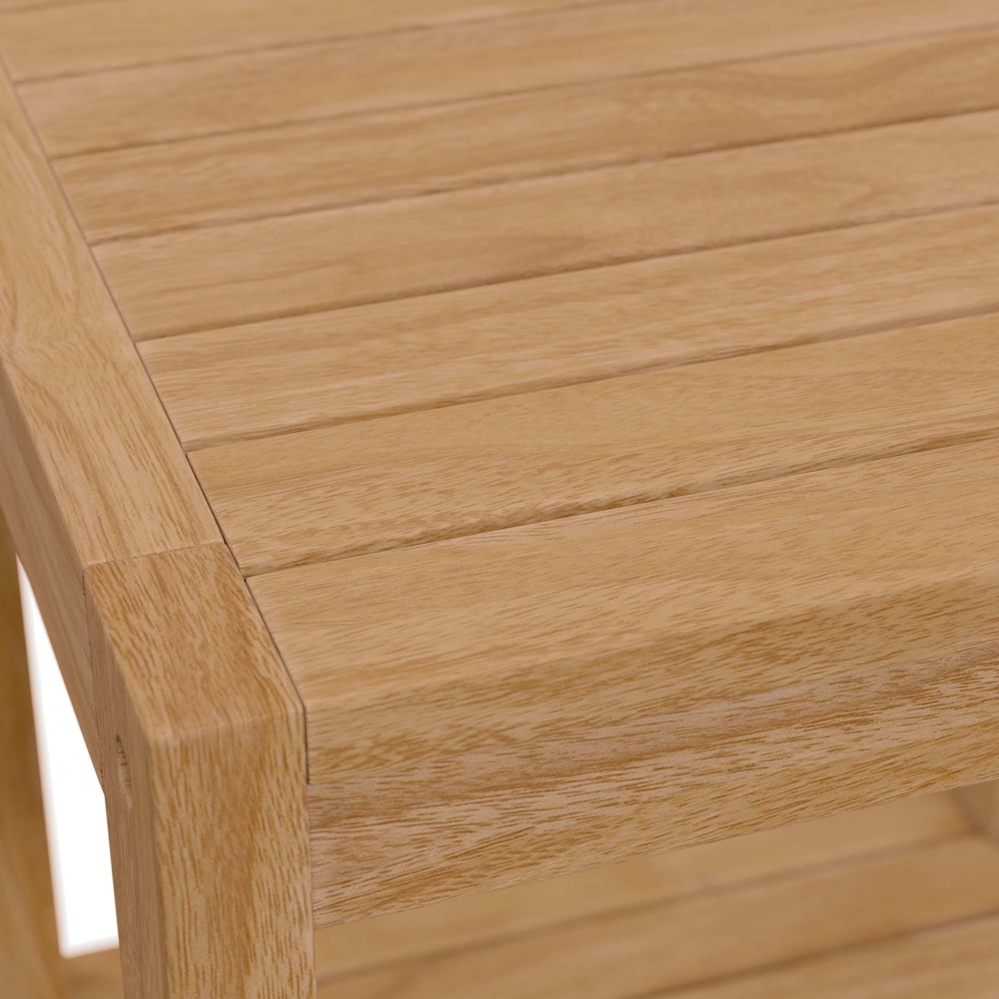 Teak wood outdoor patio side table with a slatted plank top and rounded edge.