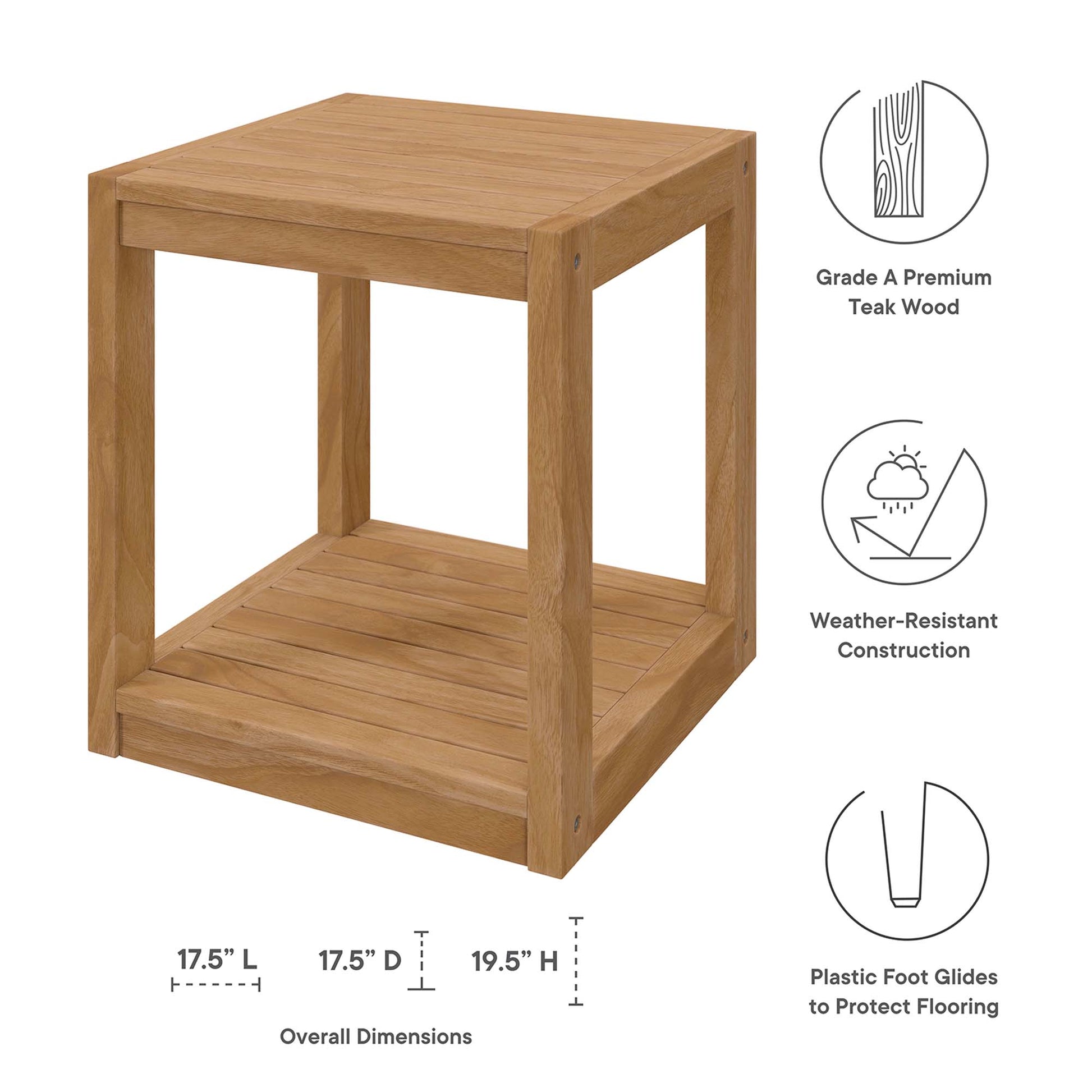 Natural teak wood two-tier cube side table with open frame and protective plastic feet.