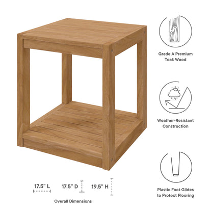 Natural teak wood two-tier cube side table with open frame and protective plastic feet.