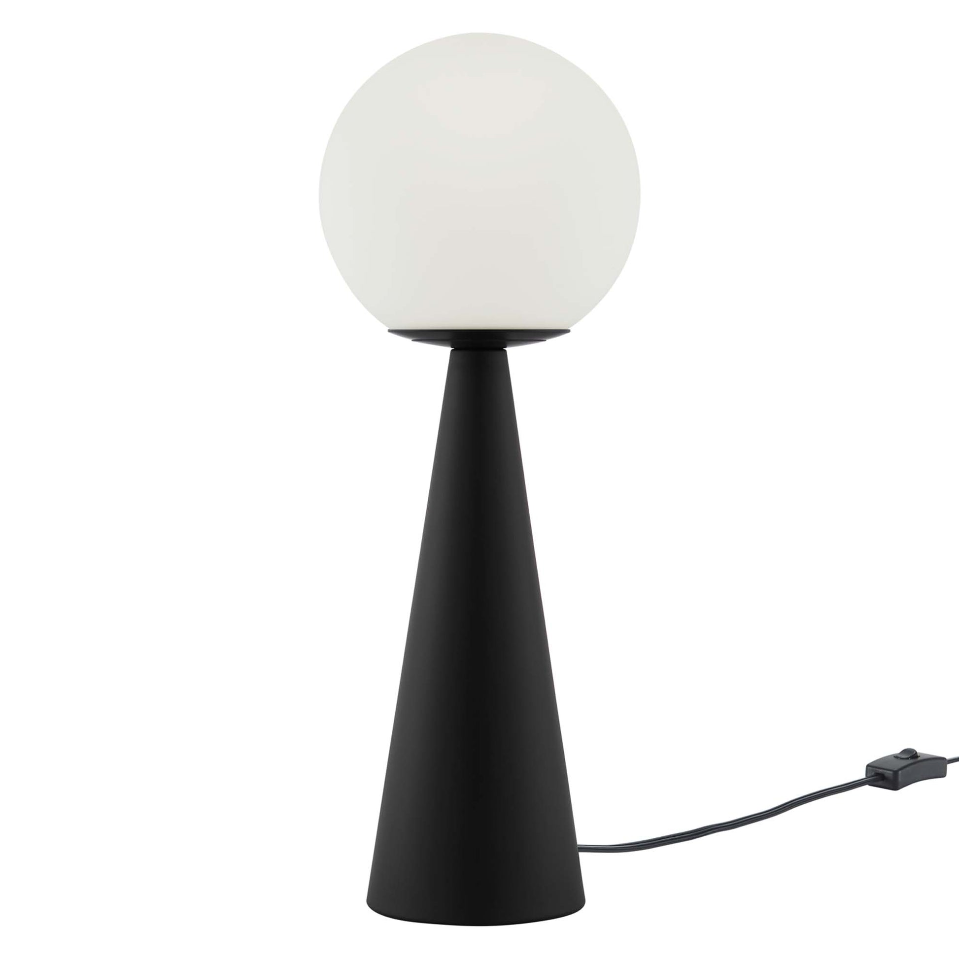 Black matte cone-shaped table lamp with a white frosted glass globe and an inline switch on the cord.