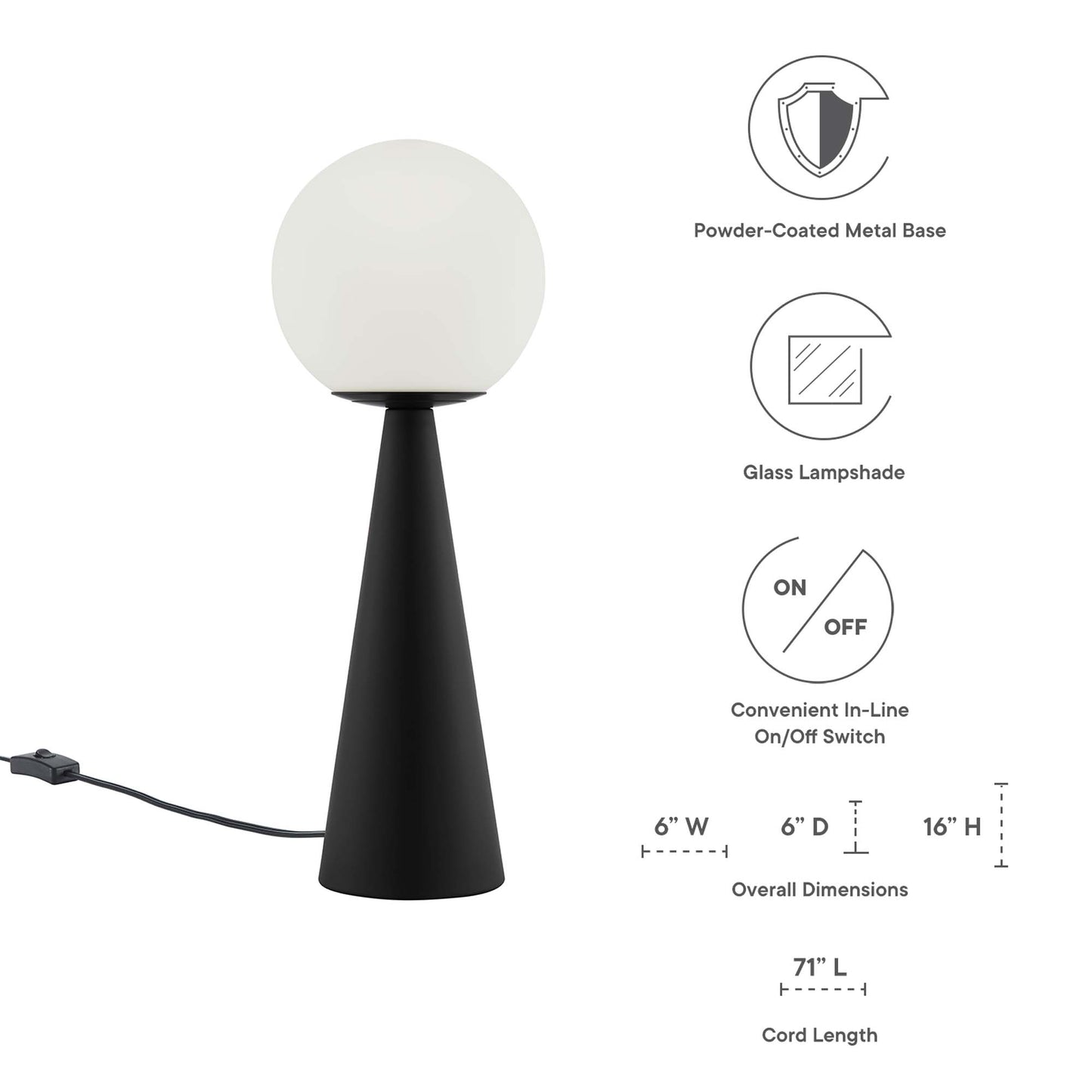Modern table lamp with white glass globe atop matte black powder-coated metal cone base, inline switch and long cord.