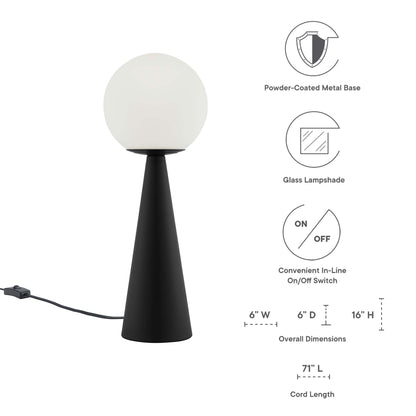 Modern table lamp with white glass globe atop matte black powder-coated metal cone base, inline switch and long cord.