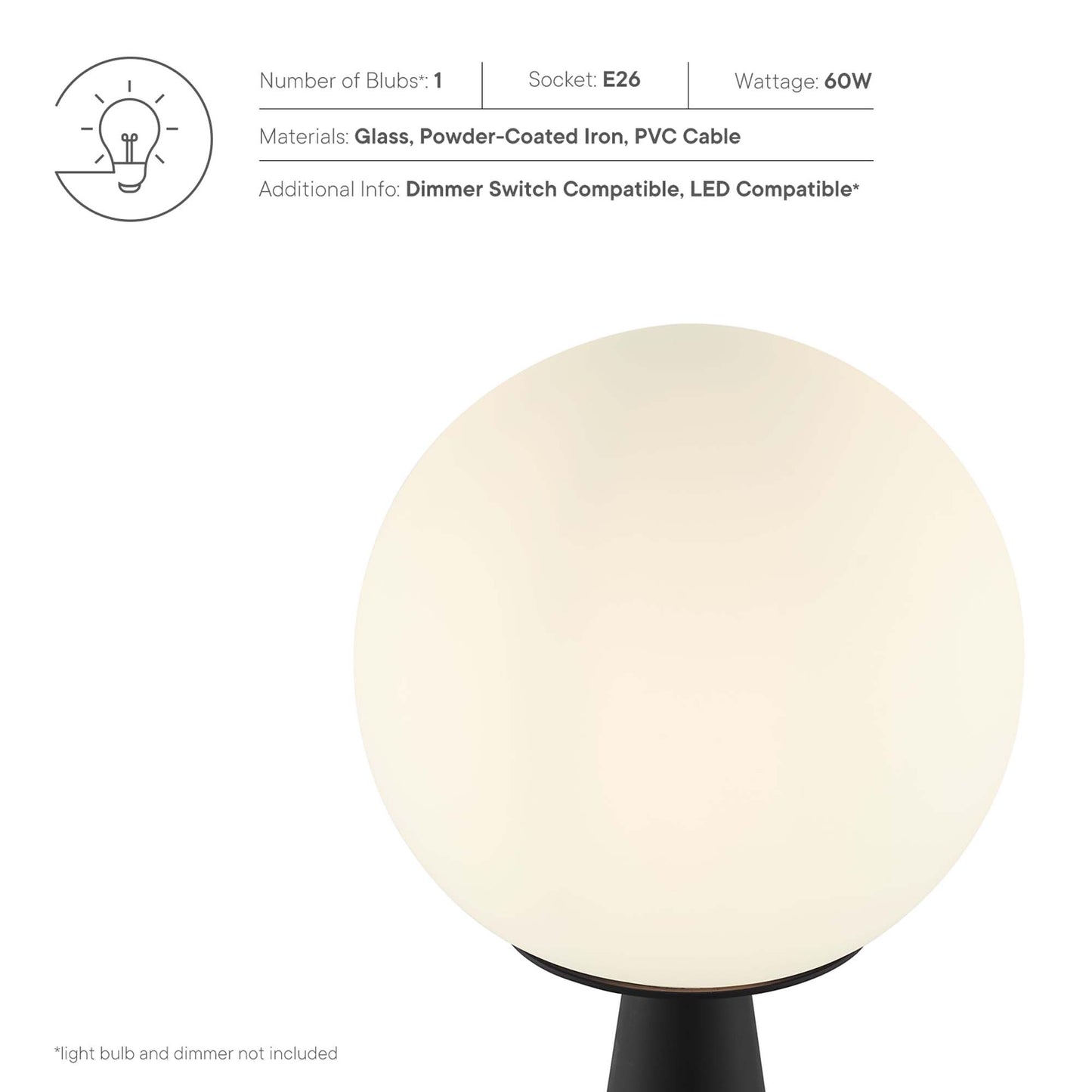 Frosted white glass globe lamp on a sleek black metal pedestal base; modern table lamp.