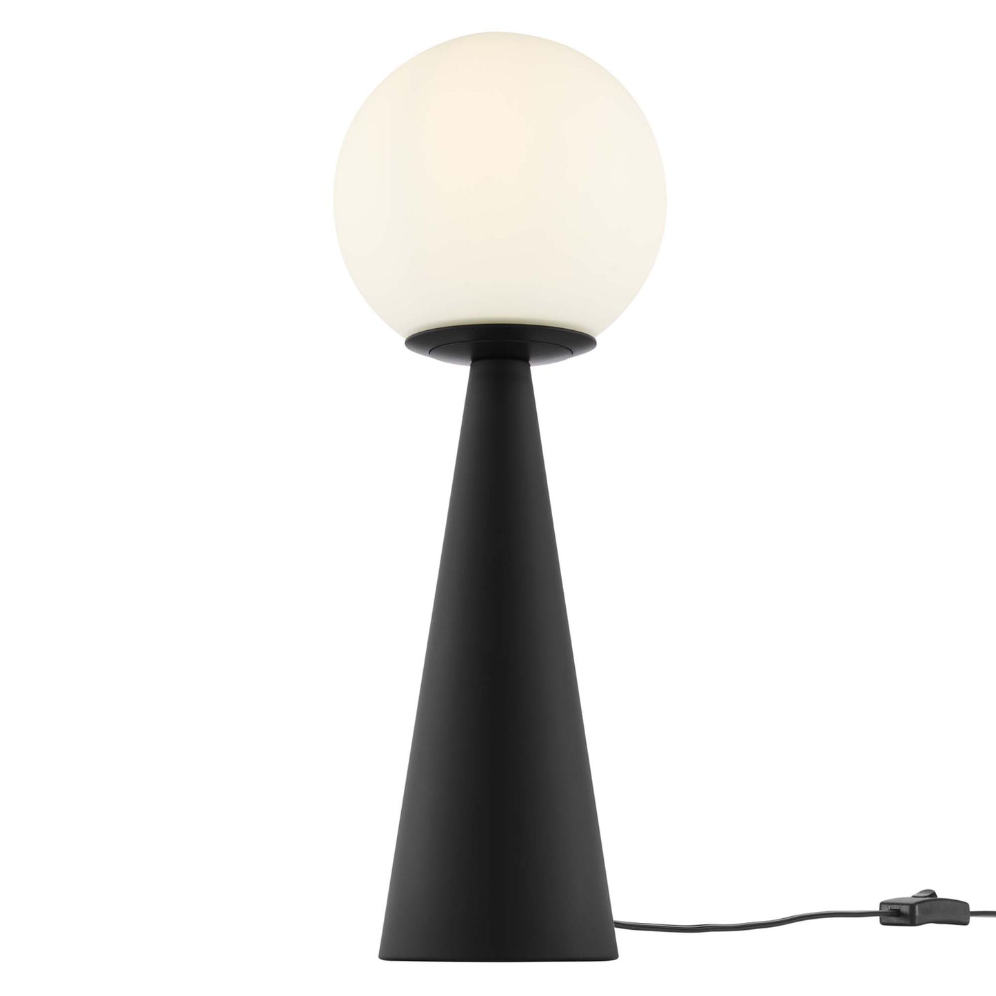 Black table lamp with a frosted white glass globe shade and an inline switch.