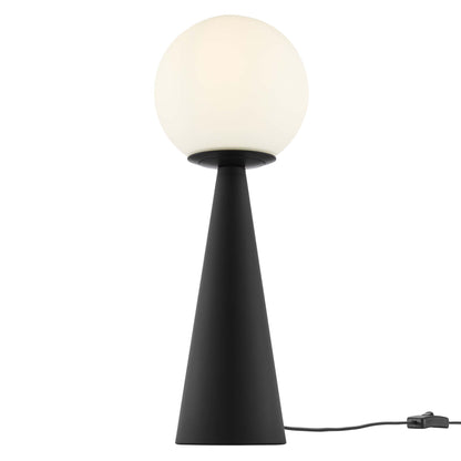 Black table lamp with a frosted white glass globe shade and an inline switch.