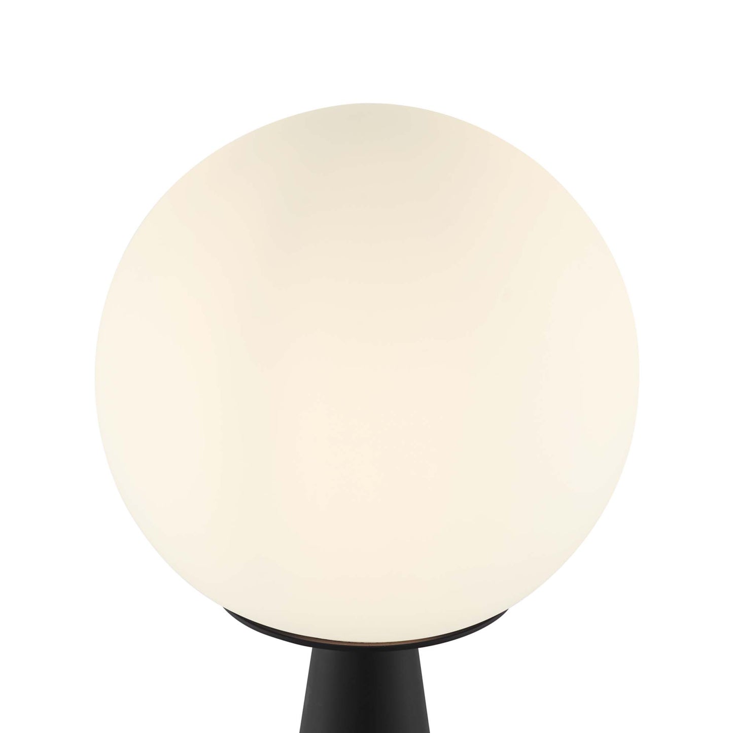 White glass globe table lamp on a black pedestal base, modern minimalist lighting.