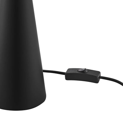 Matte black table lamp with glass globe shade, cord and inline switch.