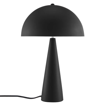 Black matte metal table lamp with a dome shade and tapered conical base; cord visible.