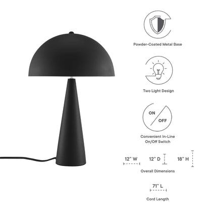 Black powder-coated metal table lamp with a dome shade on a tall cone base; modern minimalist style.