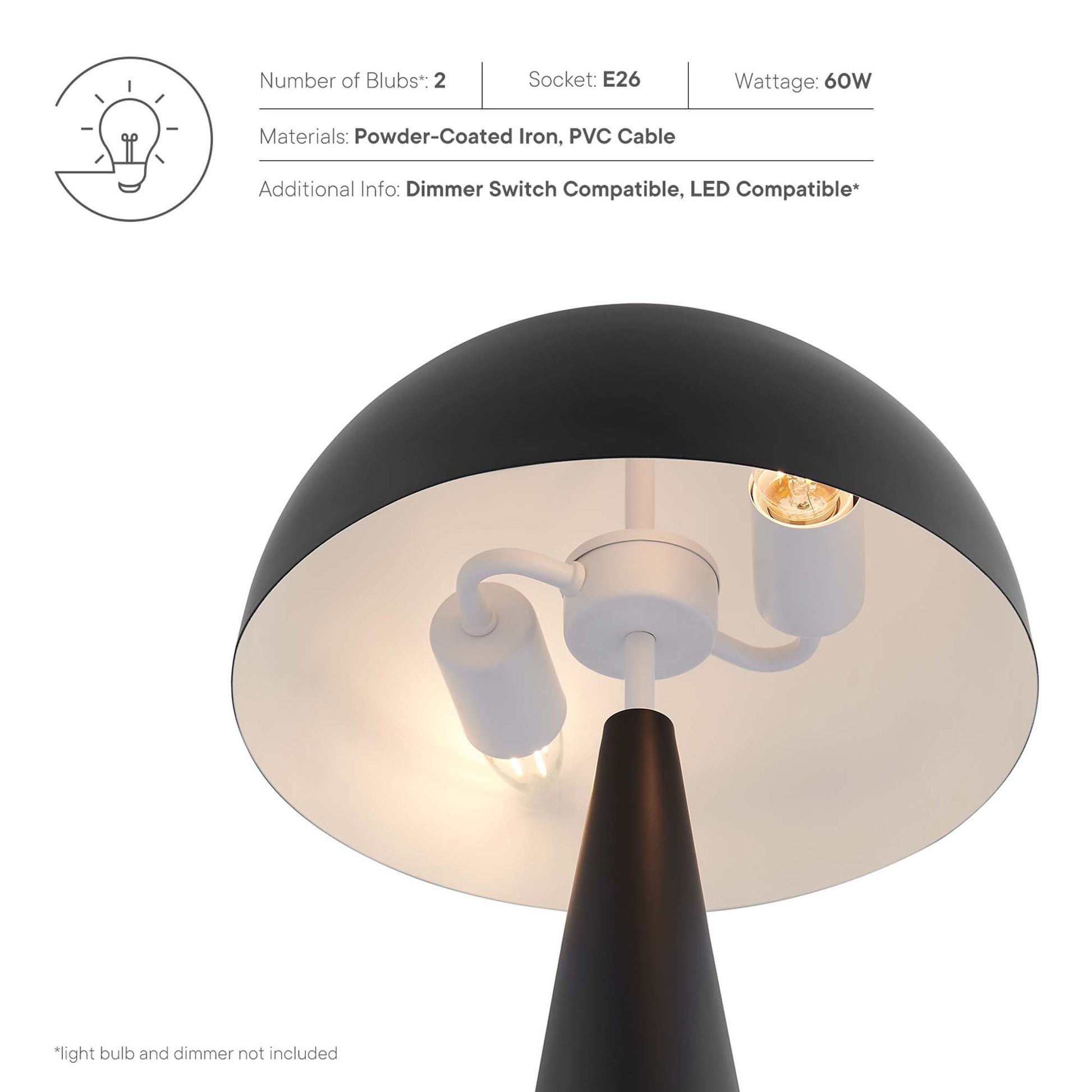 Black powder-coated iron table lamp with a dome-shaped shade, white interior, and an E26 socket; dimmable.