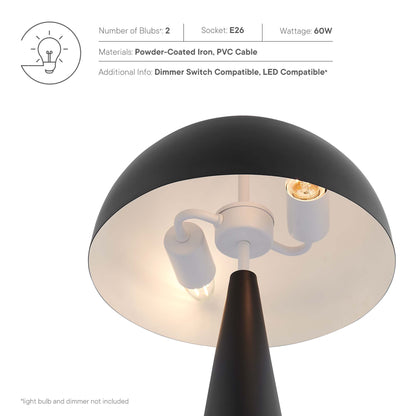 Black powder-coated iron table lamp with a dome-shaped shade, white interior, and an E26 socket; dimmable.