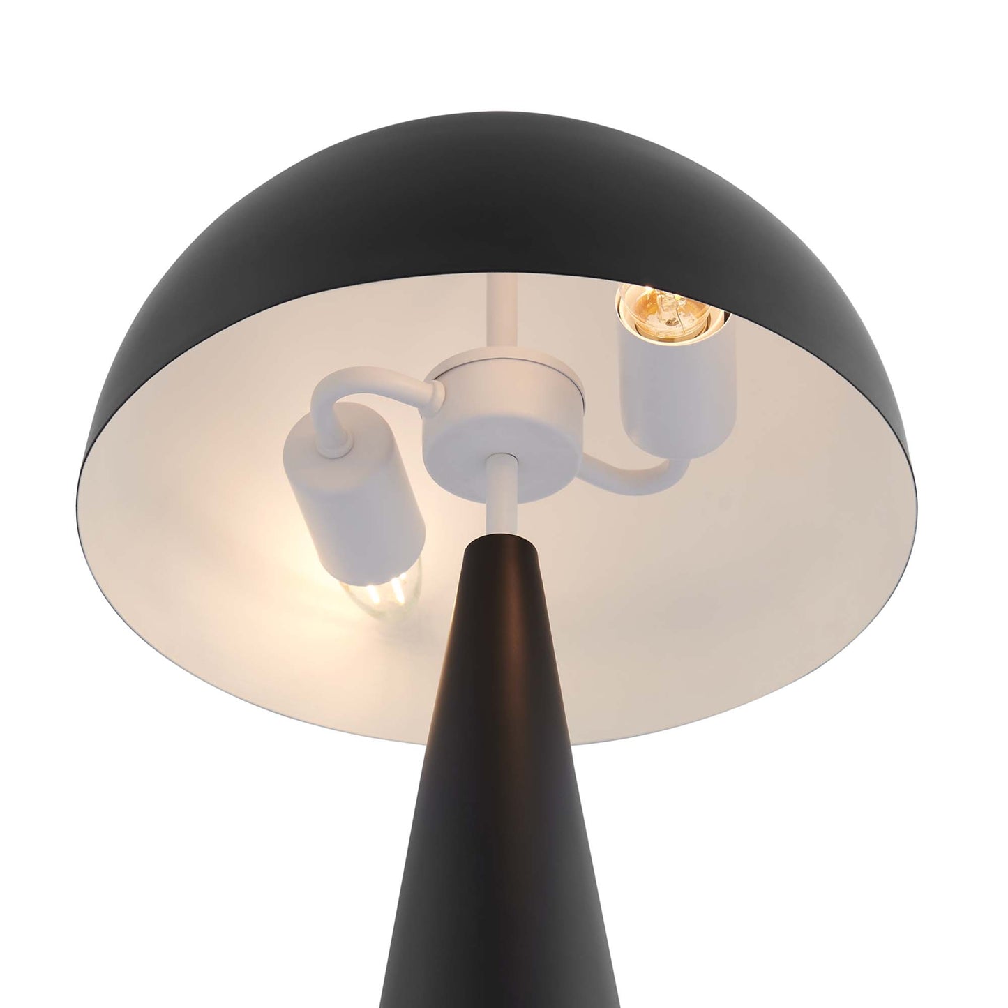 Black metal table lamp with a central stem and three white adjustable socket arms.