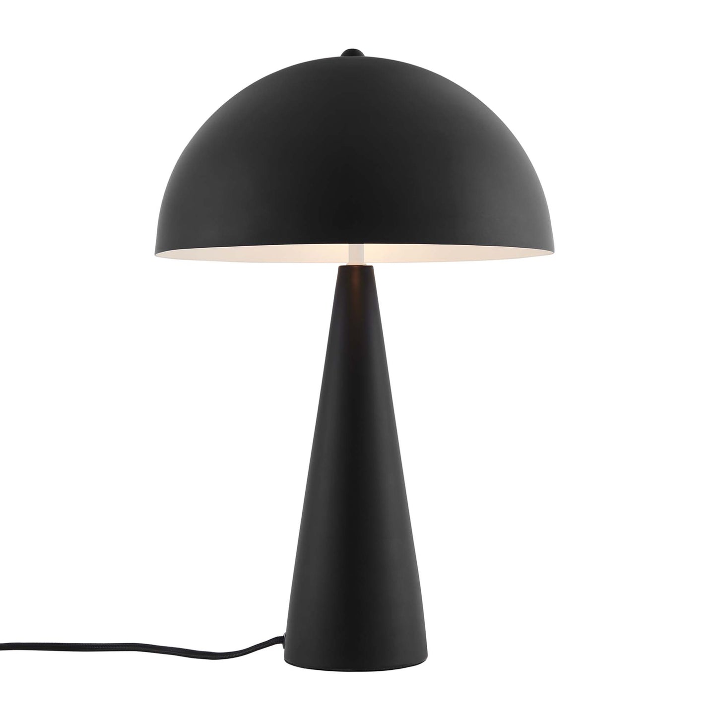 Black matte dome table lamp with cream interior on a tall cone base, corded modern design.