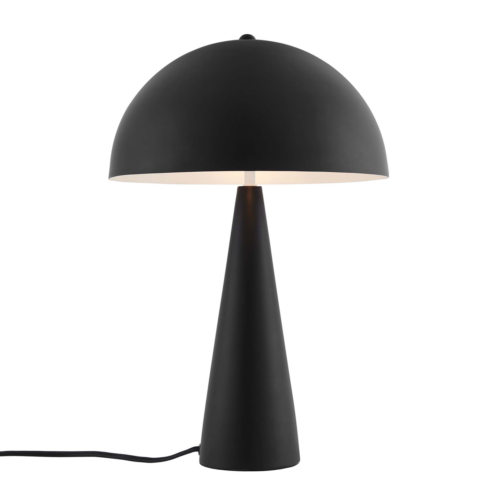 Black matte dome table lamp with cream interior on a tall cone base, corded modern design.