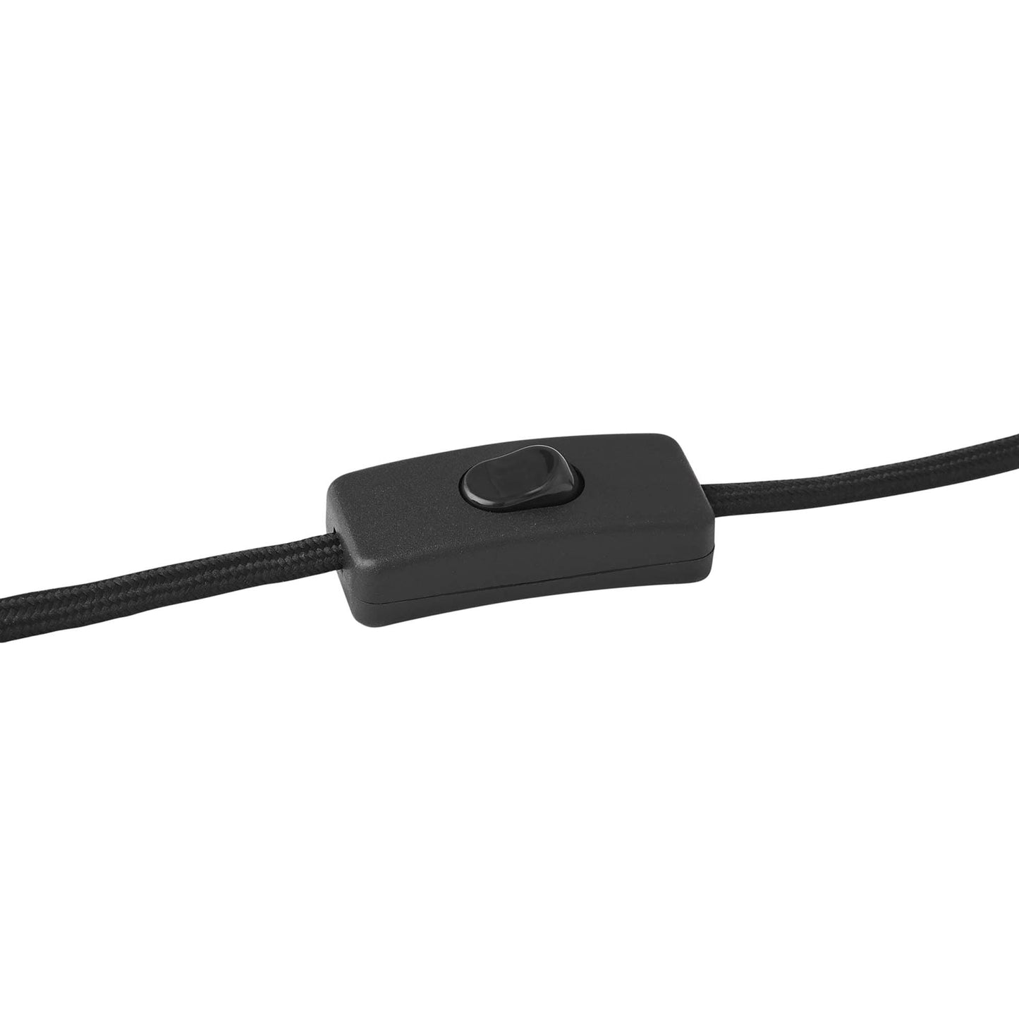 Black metal table lamp with a braided cord and an inline push-button switch.