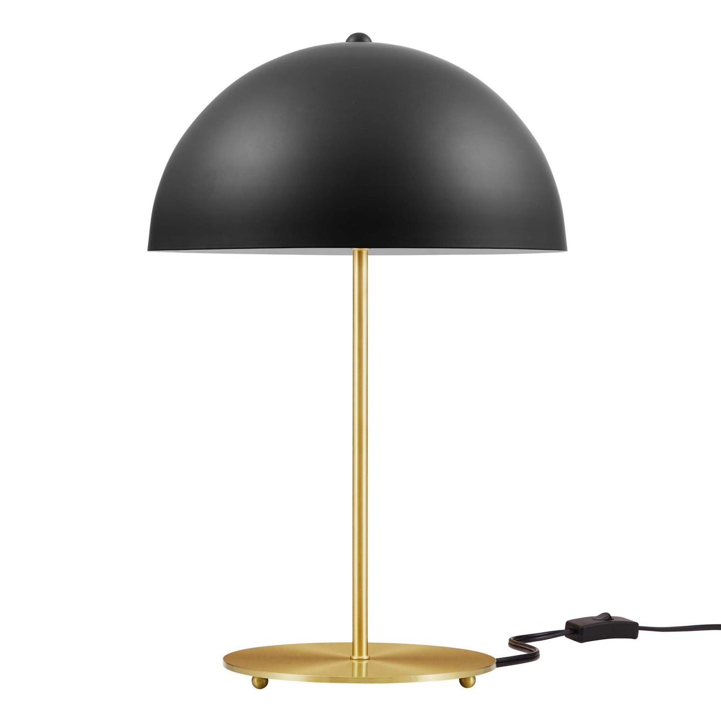 Black dome shade on brass gold stem with round base; corded modern desk lamp.