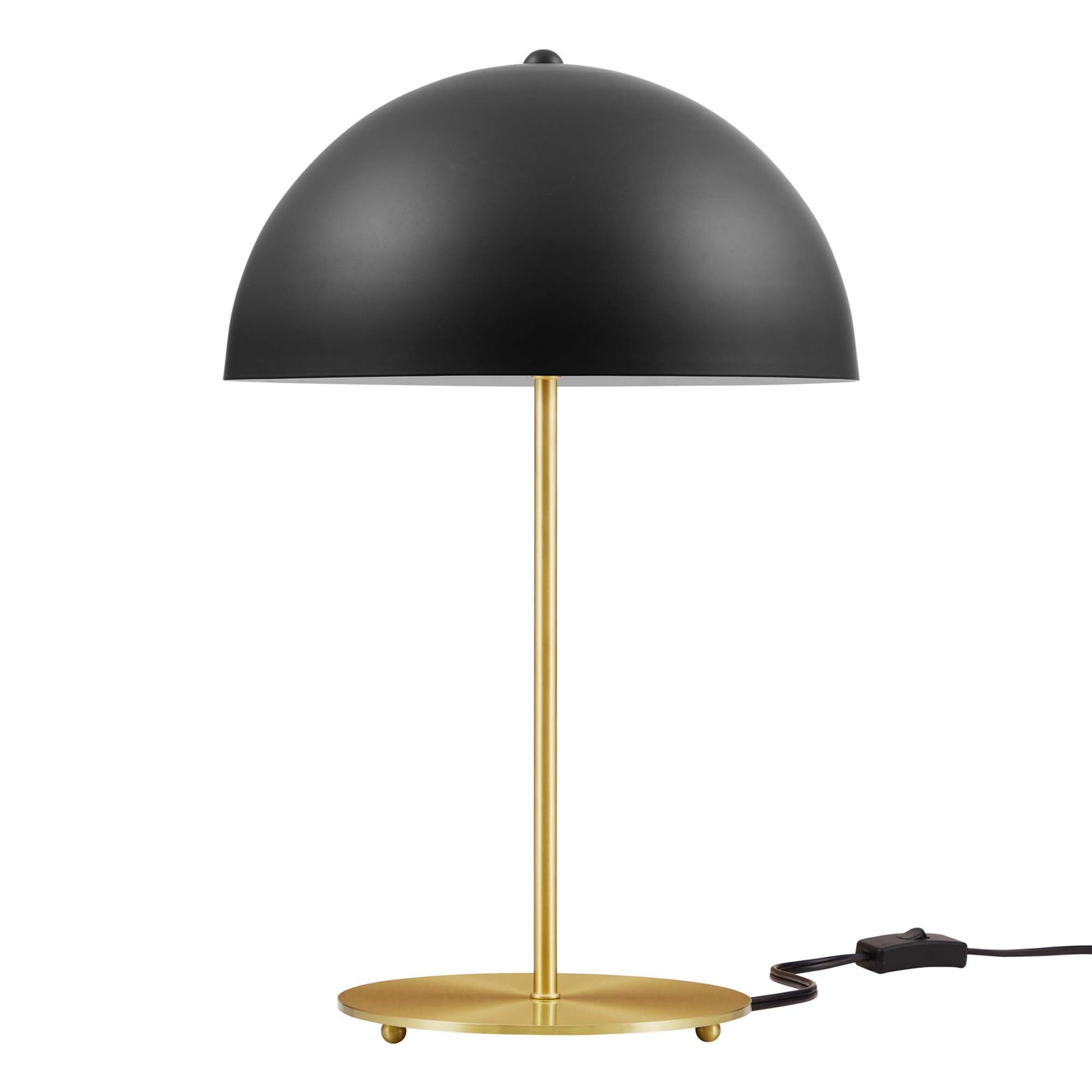 Black dome shade on brass gold stem with round base; corded modern desk lamp.