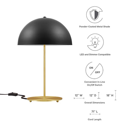 Brown metal table lamp with a dome shade on a slender stem and round base; LED-ready with inline switch.