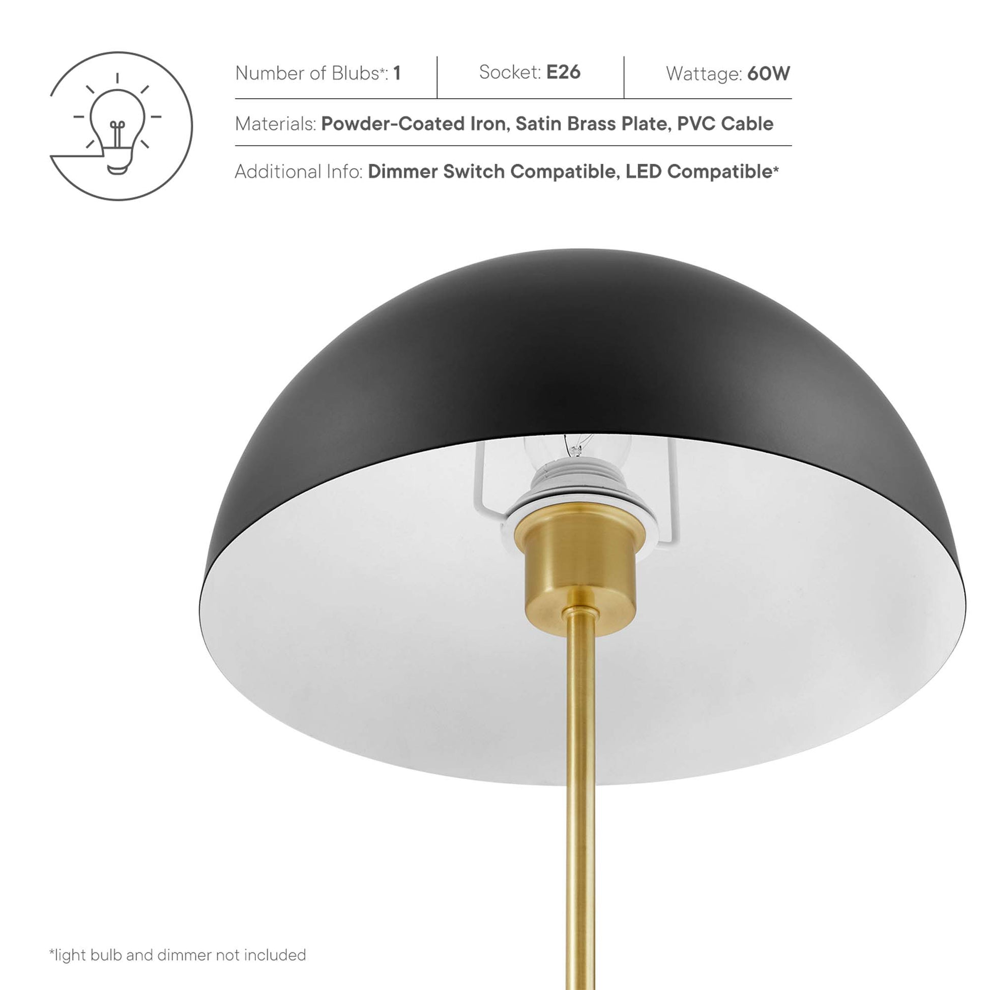 Black metal table lamp with a white interior shade, satin-brass stem, E26 socket and powder-coated iron finish.